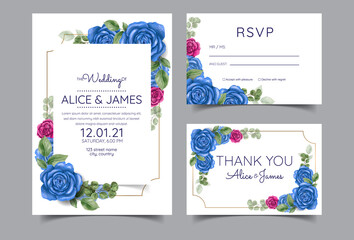 Fototapeta na wymiar rose wedding invitation suite, INSTANT DOWNLOAD, Blue and pink wedding invite, RSVP and details card, Floral invites, vector