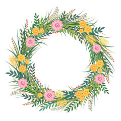 Vector illustration with floral wreath template isolated on white background. Bright colorful spring flowers and botanical elements design for invitations and greeting cards