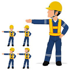 Set of industrial worker is presenting something