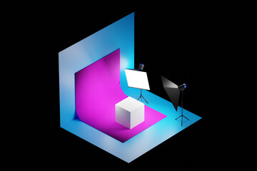 3D rendering Photostudio with studio equipment:  pink background for photography, studio flashes, deflectors, octoboxes.  Subject photography of a white cube in a photo studio