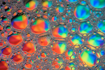 Beautiful bubbles from mixing water, oil and soap. Macro photography. Colorful bubbles. Abstract background. 