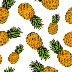 Seamless pattern with hand drawn fruits elements pineapple. Vegetarian wallpaper. For design packaging, textile, background, design postcards and posters.