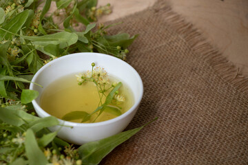 Tea from linden. Fresh flowering linden on a wooden background. Healthy and natural tea. June linden harvest. Healthy.