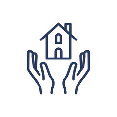 Fototapeta na wymiar Hands protecting house thin line icon. Building, real estate, safety isolated outline sign. Property insurance and protection concept. Vector illustration symbol element for web design and apps