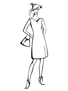 Sketch of a fashionable girl in a short dress and with a bag on her arm. Vector black-white graphics.