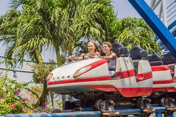Happy friends in amusement park on a summer day