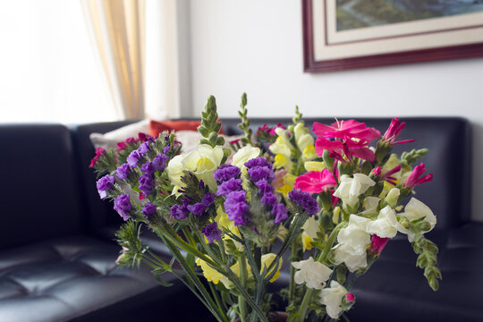 Beautiful capture of a bounch colorful and summer flowers decorating the living rooom, fashion and interior designs concept