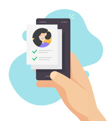 Personal info profile data form with check list document online on mobile phone or internet customer survey interview vector flat illustration, concept of employment or identity check modern image