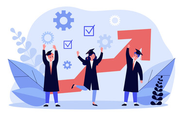 Happy students celebrating graduation. Graduate hat and gown, growth chart, party flat vector illustration. School, college, ceremony concept for banner, website design or landing web page
