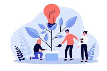 Business team watering innovation plant, growing tree with lightbulb. People having idea for eco future, environment, electricity. Flat vector illustration for teamwork, economy, climate concept - obrazy, fototapety, plakaty