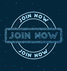 Join now. Glowing round badge. Network style geometric join now stamp in space. Vector illustration.