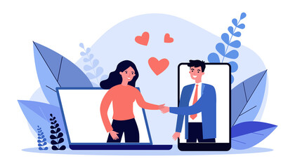 Couple meeting on dating website. Happy man and woman shaking hands, gadget screens, hearts flat vector illustration. Online service, internet concept for banner, website design or landing web page