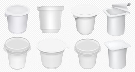 Yogurt cup. Plastic yoghurt pot isolated on transparent background. Blank yogurt container and cream tub template. Milk dessert cup mockup set. Realistic dairy package isolated mock up