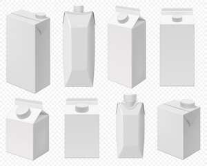 Milk and juice pack. Realistic carton package isolated, white box template for dairy product. Blank packaging for milk or juice on transparent background.