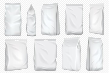 Foil bag. Vector plastic pack and paper pouch template. Blank food foil bag for snack isolated on transparent background. White package mock up for coffee and tea pack design.