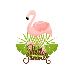 Tropical Flowers and Flamingo Summer Banner, Graphic Background, Exotic Floral Invitation, Flyer or Card. Vector illustration