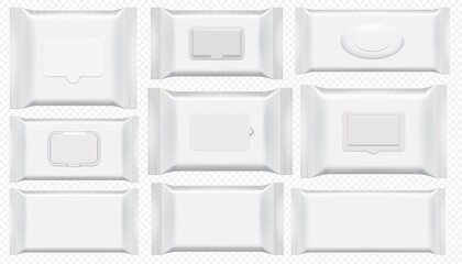 Wet wipes package. Antibacterial wipe plastic pack template isolated set. Blank white box top view for wet toilet tissue. Cosmetic foil bag mockup on tranparent background