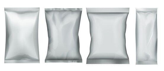Snack food pack. Plastic bag and foil pouch set. Aluminum package for bulk food template. Candy sachet mockup