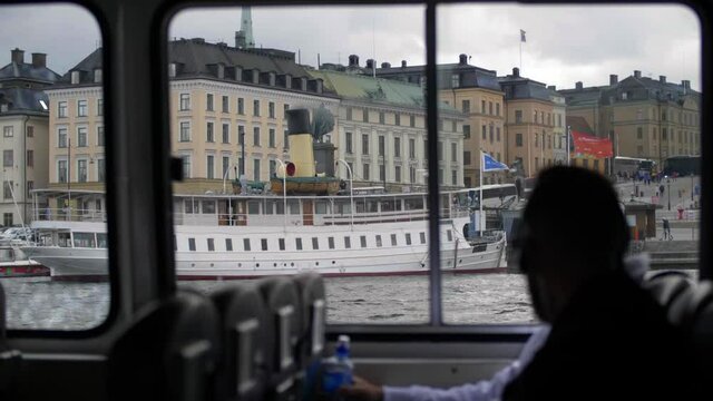 View from interior of Stockholm, Sweden public transportation ferry boat