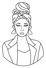 Line doodle portrait of a young beautiful girl with a bandage on her head and large jewelry. 