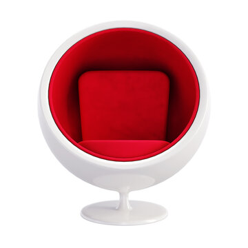 Ball Chair isolated on white background. Classic furniture model of White Ball chair with Red Velvet Seat. Front view of Egg chair for hi-tech interior. 3D render Illustration