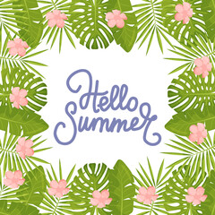 Obraz premium Hello Summer Tropical Design with Palm Leaves. Beach Vacation Poster, Banner. Tropic Floral Background for, Flyer, Cover. Vector illustration.