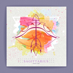Modern magic witchcraft card with astrology Sagittarius zodiac sign on artistic watercolor background. Bow and arrow illustration