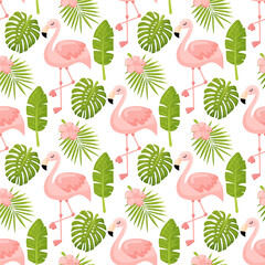Fototapeta na wymiar Beautiful seamless vector floral summer pattern background with tropical palm leaves, flamingo, hibiscus. Perfect for wallpapers, web page backgrounds, surface textures, textile. Vector illustration