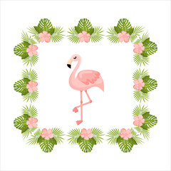 Tropical Flowers and Flamingo Summer Banner, Graphic Background, Exotic Floral Invitation, Flyer or Card. Vector illustration