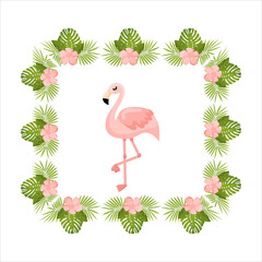Naklejka premium Tropical Flowers and Flamingo Summer Banner, Graphic Background, Exotic Floral Invitation, Flyer or Card. Vector illustration