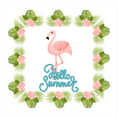 Fototapeta premium Tropical Flowers and Flamingo Summer Banner, Graphic Background, Exotic Floral Invitation, Flyer or Card. Vector illustration
