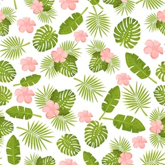 Foto op Plexiglas Tropische planten vrolijk naadloos patroonbehang van tropische groene bladeren van palmbomen en bloemen. Tropische bladeren. Palm en monster. vector illustratie