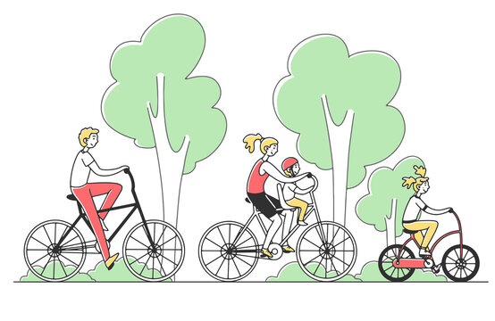 Family Couple With Two Kids Riding Bikes Outdoors. Parents And Children Cycling In Summer Park. Illustration For Togetherness, Active Lifestyle, Recreation Concept