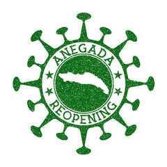 Anegada Reopening Stamp. Green round badge of island with map of Anegada. Island opening after lockdown. Vector illustration.