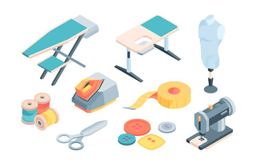 Accessories tailor isometric set. Sewing equipment stylish fashionable clothes dummy ironing board cutting table buttons threads sewing machine centimeter scissors iron. Isometric vector style.