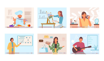 Online training courses set. Web clips correct preparation dishes how quickly become artist correct application makeup cheap selection fashionable things learn play guitar in week. Cartoon vector.