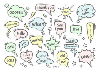Speech bubble dialogs set. Colored conversational drawn message thoughts chat comics dialog cloud text question exclamation, art animated information white background. Color vector cartoon.