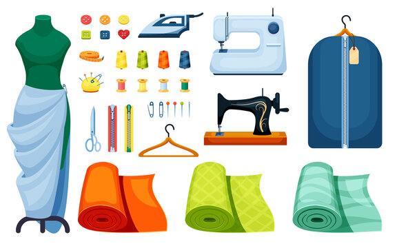 Supplies sewing set. Sewing machine white iron centimeter singer hanger scissors mannequin roll fitting of fabric orange pin yellow bobbin thread green spool button needle zipper. Clipart vector.