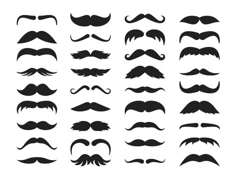 Mustache silhouette set. Stylish look black mustache curly horseshoe imperial pencil english pyramid italian narrow french, walrus brush, male hipster modern fashion. Silhouette vector clipart.