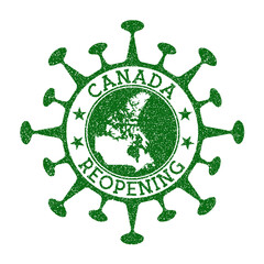 Canada reopening stamp. Green round badge of country with map of Canada. Country opening after lockdown. Vector illustration.
