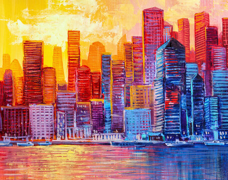 Artistic painting of skyscrapers.Abstract style. Cityscape panorama.. © serge-b