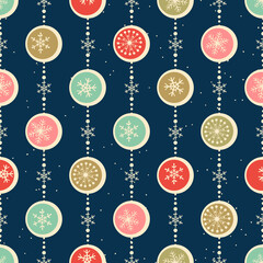 Merry Christmas, Happy New Year seamless pattern with snowflakes and balls for greeting cards, wrapping paper. Doodles. Seamless colorful winter pattern on black background. Vector illustration.