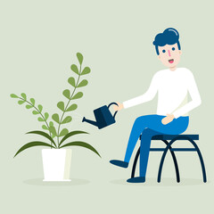 Young man sitting and watering can plant in pot. Flat character cartoon on green background. © ifeve