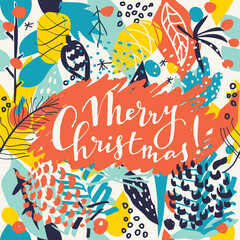 Merry Christmas, Happy New Year greeting card with Christmas trees and lettering. Brochure, poster templates in Christmas style. Beautiful design and layout. Seamless winter background. Vector