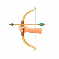 Hand Holding Wooden Bow, Archery Symbol in Cartoon Flat illustration Vector isolated in white background