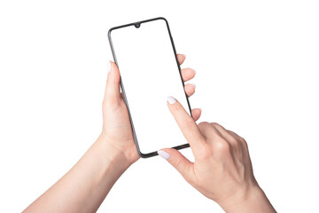 Mockup image of woman's hands holding mobile phone with blank screen, isolated on white background