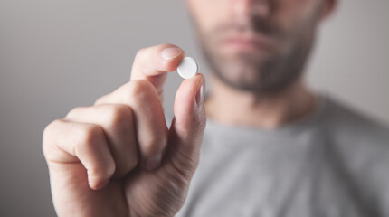 Close up of a man holding a pill.