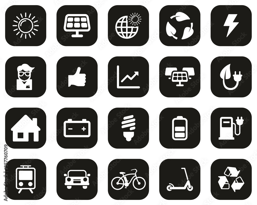 Sticker Solar Energy Or Renewable Energy Icons White On Black Flat Design Set Big