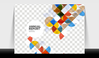 Horizontal A4 business flyer annual report template, circles and triangle style shapes modern geometric design for brochure layout, magazine or booklet