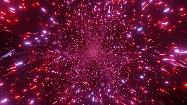 Computerized animation of numerous red color high energy cosmic dust particles. Motion graphics.